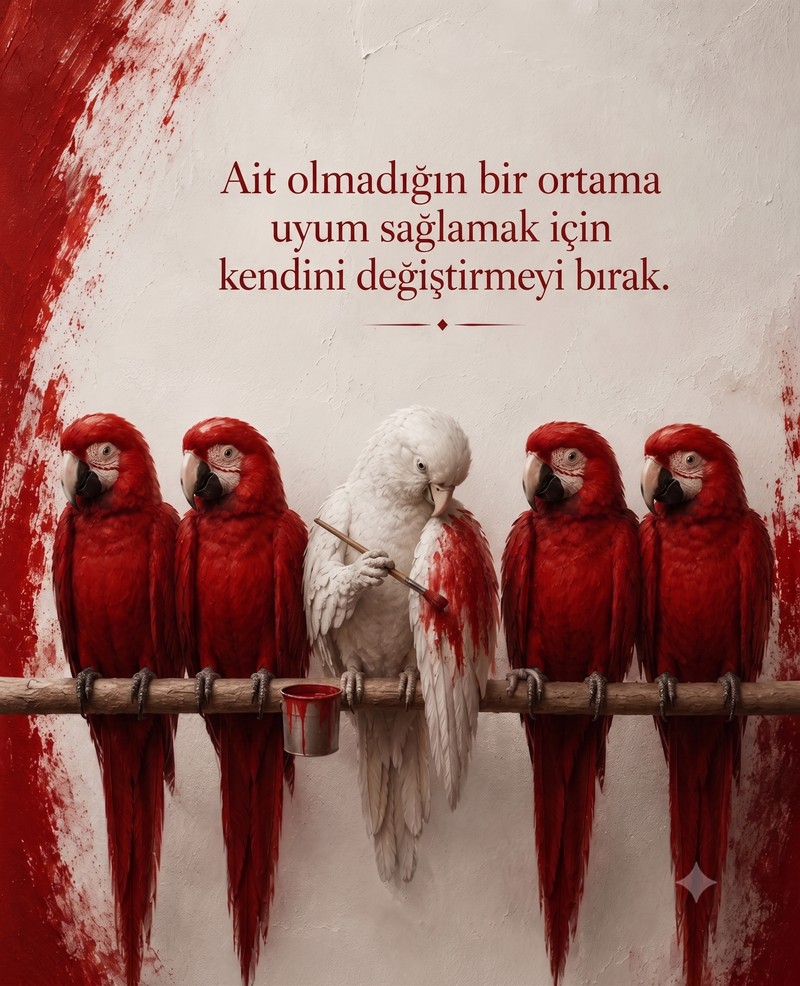 Bir dalda yan yana tüneyen dört kırmızı papağanın ortasındaki beyaz papağan, dala asılı boya kovasına batırdığı fırçayla kendi bembeyaz kanadını kırmızıya boyuyor. Görselin üstünde “Ait olmadığın bir ortama uyum sağlamak için kendini değiştirmeyi bırak.” yazısı